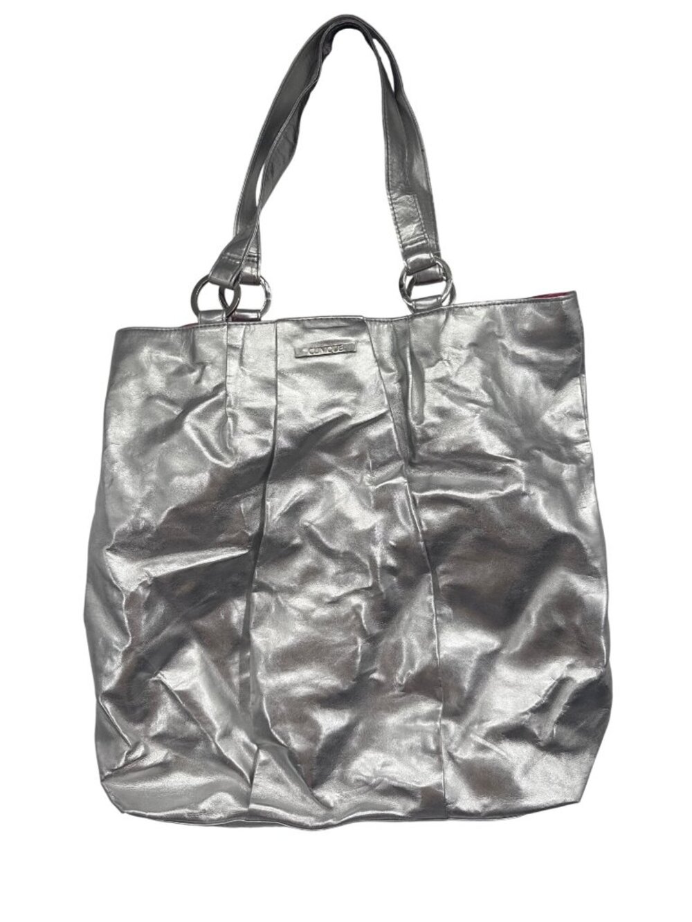 Clinique Shimmering Silver Metallic Tote Bag Y2K Cyber Grunge Hot Pink Lining